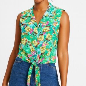 SPONGEBOB TROPICAL WOMENS TIE BUTTON DOWN SHIRT SZ M knot tie sleeveless green